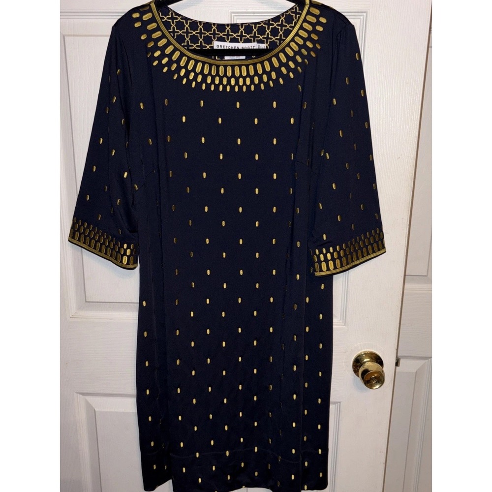 Gretchen Scott Goddess XXL Navy Gold Embroidered Rocket Girl Dress $239 Stretch